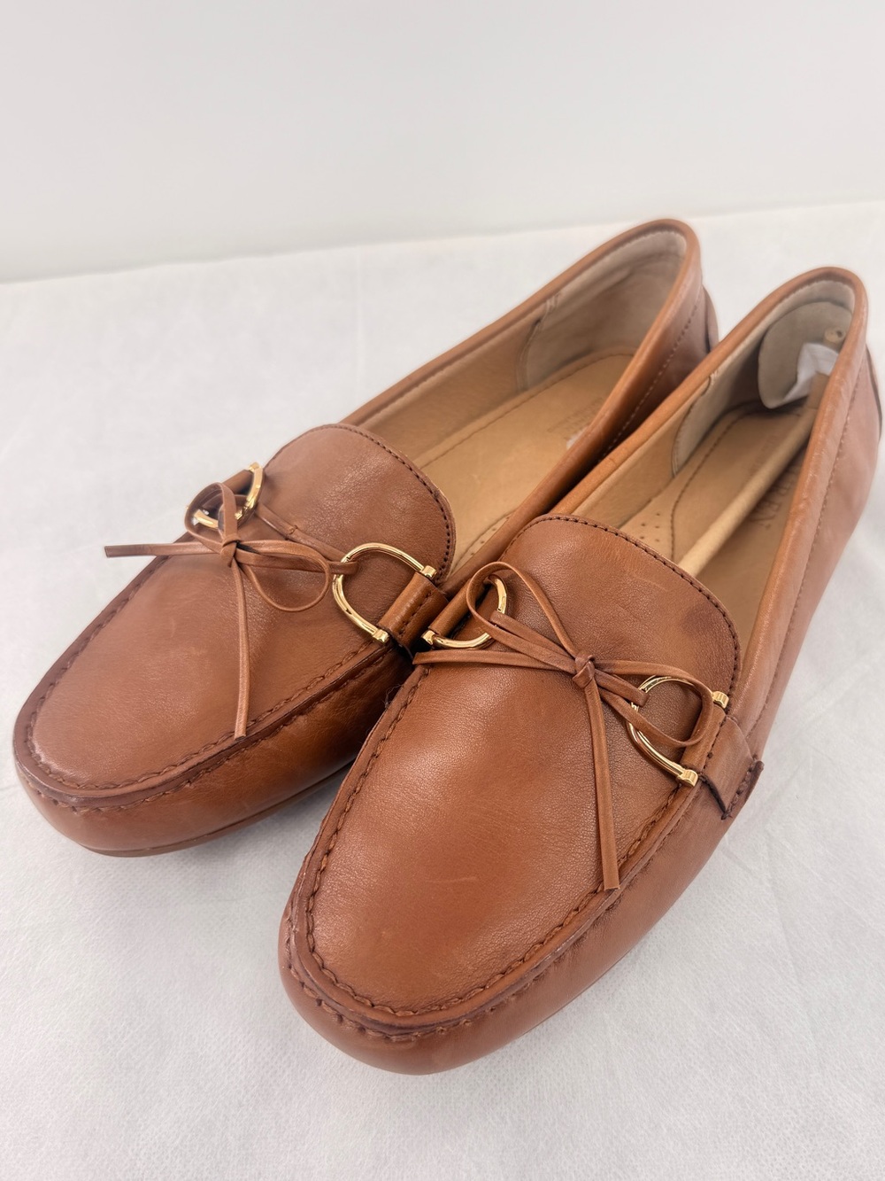 Ralph Lauren Tan Leather Bow Loafers with Gold Accent